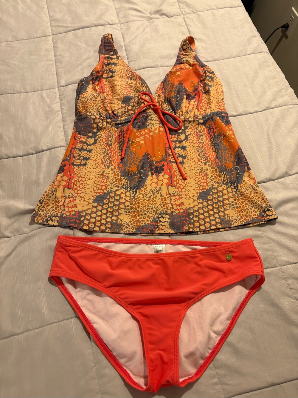 Coral Printed Tankini Top and Coral Bikini Bottom Set